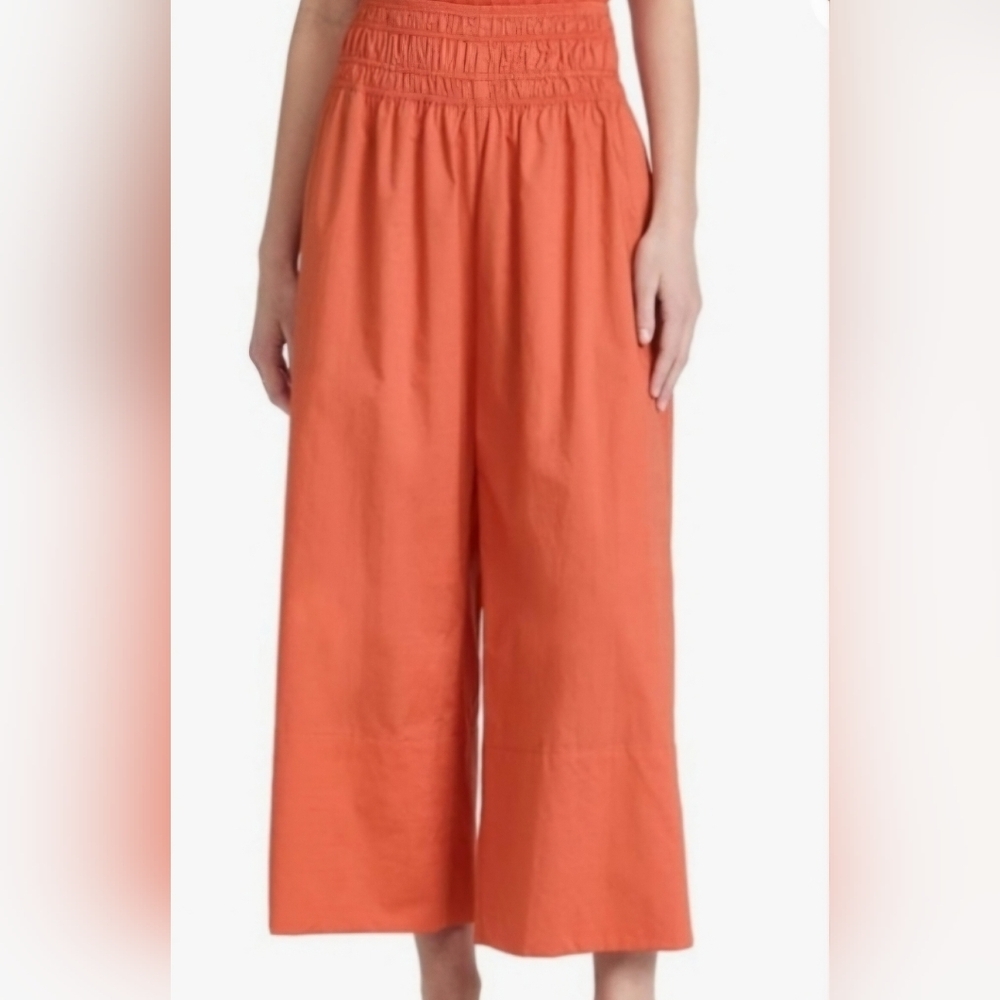 Vince Smocked Culotte High Waist Pull On Wide Leg Pants